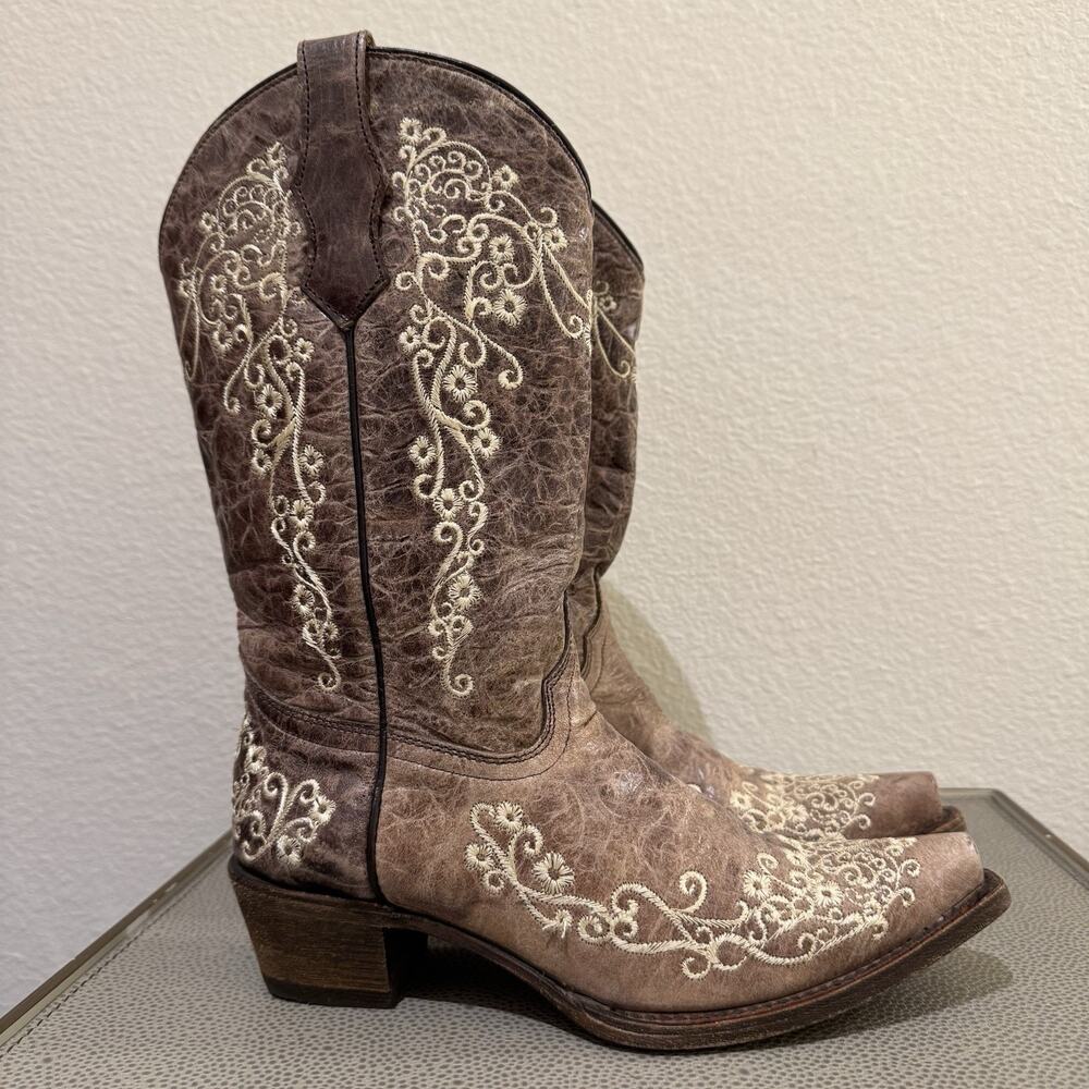 Corral Boots Teens Sz 5 T Leather Embroidered Brown Snip Toe Cowgirl A2773
